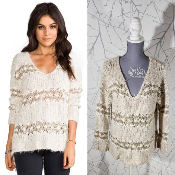 Free People Ivory Striped Fuzzy Knit Linus Oversized Sweater - Picture 1 of 5